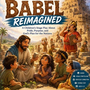 May include: A book cover titled The Tower of Babel Reimagined by Tina Goss. The illustration shows a person with long brown hair and a blue robe sitting with four children near a stone construction site. A man in a red tunic stands nearby.