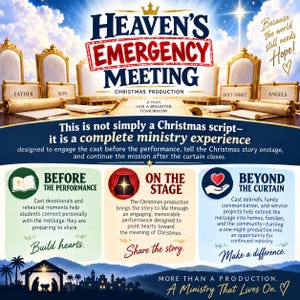 May include: A promotional flyer for a Christmas production titled Heaven's Emergency Meeting. It features gold chairs labeled Father, Son, Holy Spirit, and Angels, with text detailing a ministry experience, performance stages, and a nativity scene.