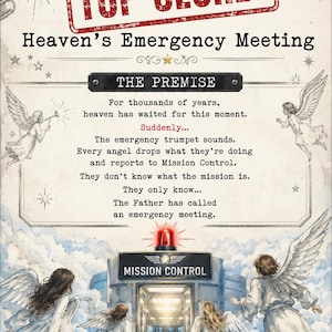May include: A poster titled 'TOP SECRET Heaven's Emergency Meeting' featuring illustrations of angels in white robes flying toward a 'MISSION CONTROL' building with a red emergency light. The text describes an emergency meeting called by The Father.