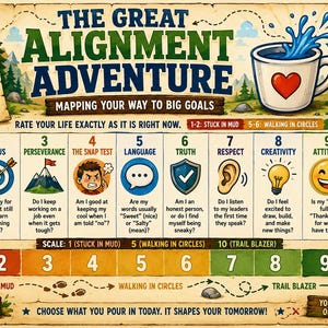 May include: A motivational poster titled "The Great Alignment Adventure" with a compass, a coffee cup, and illustrations for self-assessment. The poster uses a scale from "Stuck in Mud" to "Trail Blazer" to rate life aspects.