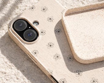Funda floral para iPhone, funda biodegradable, estética neutra, diseño floral minimalista, bonito regalo para ella.
