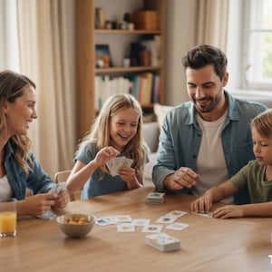 Op de afbeelding: Een gezin van vier speelt een kaartspel aan een houten tafel. De scène speelt zich af in een lichte woonkamer, met een raam en een bank op de achtergrond. Het spel lijkt een bordspel te zijn.