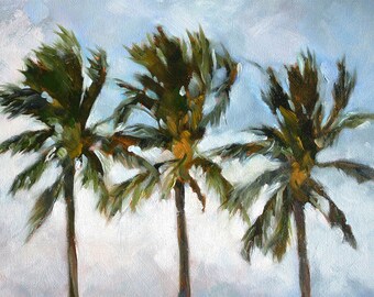 Palm Trees, Print of Original Oil Painting, Three Palm Trees, Print on Cradled Wood Panel, 5x7 Print of Original Art