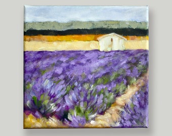 Lavender Field Painting, Original Oil Painting, Lavender In Oil, 8x8 Inch Painting, Impressionistic Style Art