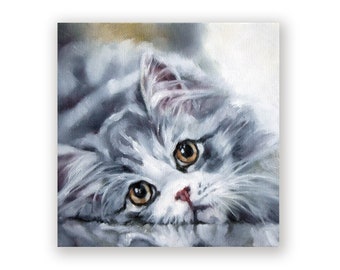 Kitten Print On Wood Panel, Grey Kitten, Print Of Original Painting, 5x5 Inches