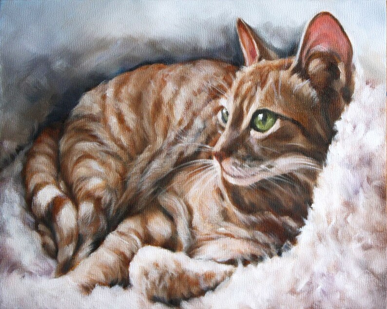 May include: A brown tabby cat with green eyes is lying on a white fluffy blanket. The cat is curled up and looks relaxed.