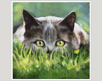 Print of Original Oil Painting, Kitten In Grass Print of Oil Painting, 6x6 Cat Art Print