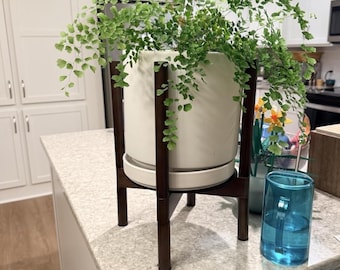 Adjustable Bamboo Plant Stand Indoor 8-12 Inch Pots, Mid Century Modern Plant Holder, Minimalist Wood Plant Rack for Decor - Walnut Color