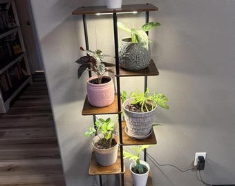 7-Tier Indoor Plant Stand with Adjustable Full-Spectrum Grow Light, Metal & Wood Corner Flower Shelf for Home, Living Room, Patio Decor