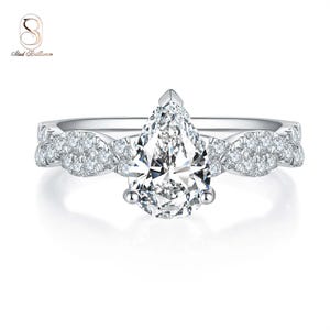 Anillo de compromiso de lujo con diamantes talla pera y pavé retorcido, anillo de boda nupcial de oro de 14k, anillo vintage estilo medio infinito, anillo de mujer estilo antiguo
