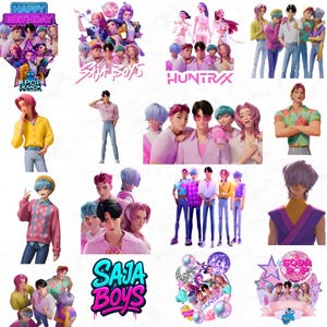 May include: A collage of digital art featuring stylized male figures in various poses and outfits. Some images include text such as "Happy Birthday," "Suit Boys," "Huntrix," and "Soda Pop." The color palette includes pinks, blues, and purples.