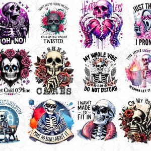 Puede incluir: Colección de ilustraciones coloridas al estilo acuarela con esqueletos en varias poses. Cada diseño incluye texto, como "Oh No", "Sweet Child O' Mine" e "I Wasn't Made to Fit In". Ideal para ropa o pegatinas.