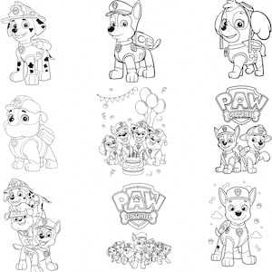 Könnte beinhalten: Schwarz-Weiß-Strichzeichnungen verschiedener Paw Patrol-Charaktere in verschiedenen Posen. Einige Bilder zeigen einzelne Welpen, während andere Gruppen zeigen, darunter das Paw Patrol-Logo und Illustrationen zum Thema Geburtstag.