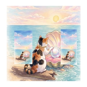May include: Watercolor illustration of a calico cat wearing a pearl necklace, seated on driftwood, admiring a large pearl in an open clam shell. The background features a beach scene with a sunset and ocean.