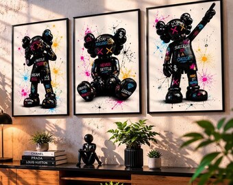 KAWS Hype beast Graffiti Wall Art Set of 3 Printable Posters, KAWS Figure Motivational Prints, Streetwear Room Decor, Digital Download