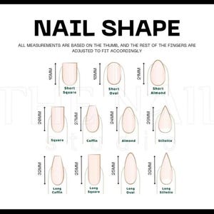 May include: Diagram showing different nail shapes with measurements in millimetres. Includes Short Square, Short Oval, Short Almond, Square, Coffin, Almond, Stiletto, Long Coffin, Long Square, Long Oval, and Long Stiletto nail styles.