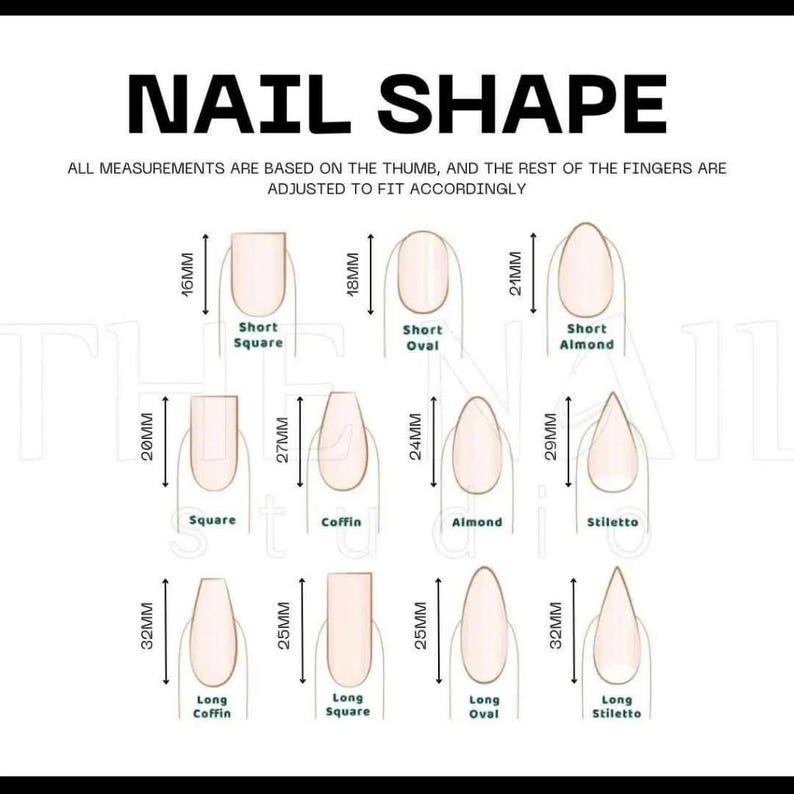 May include: Diagram showing different nail shapes with measurements in millimetres. Includes Short Square, Short Oval, Short Almond, Square, Coffin, Almond, Stiletto, Long Coffin, Long Square, Long Oval, and Long Stiletto nail styles.