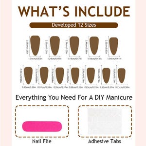 May include: Image detailing nail sizes with measurements in centimetres and inches. Includes a nail file and adhesive tabs. Text reads "What's Include" and "Everything You Need For A DIY Manicure."