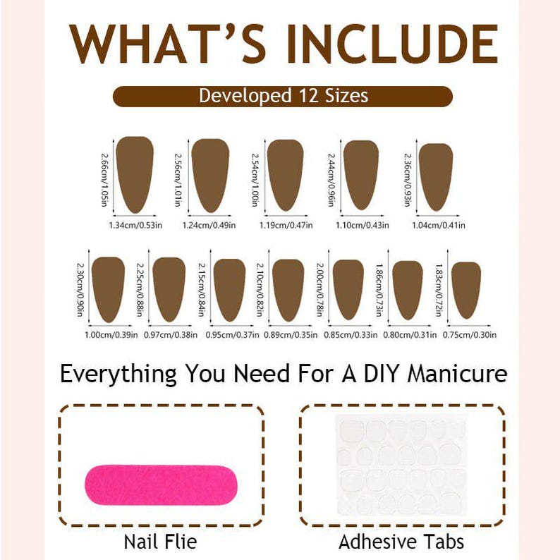 May include: Image detailing nail sizes with measurements in centimetres and inches. Includes a nail file and adhesive tabs. Text reads "What's Include" and "Everything You Need For A DIY Manicure."