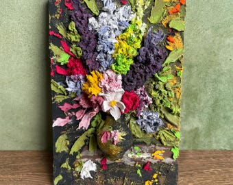 Colorful Bouquet 3D Floral Relief Painting Hand-Painted Impasto Miniature Art 8x12cm Textured Wall Decor Unique Gift