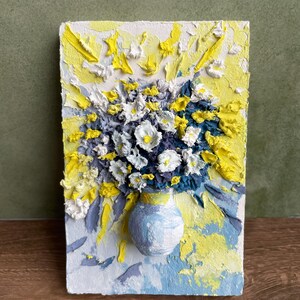 Sculptural Floral Wall Art | Yellow Blue Blooms, Mixed Media Relief (8x12cm)