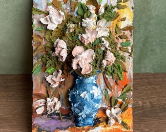 3D Floral Relief Painting Pink Blooms in Blue Vase 8x12cm, Hand-Painted Impasto Decor, Miniature Art Textured Wall Gift