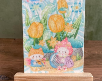 Original Sand Art Painting, Whimsical Bunnies, Flowers, Miniature Art (2.5x3.5in)