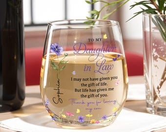 Spersonalizowany kieliszek do wina dla synowej, znaczący prezent urodzinowy na Dzień Matki dla synowej, rodzinna pamiątka, podziękowania dla synowej