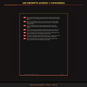Peut inclure: Une page de document noire intitulée 100 PROMPTS ACROSS 7 CATEGORIES avec sept cases rouges numérotées contenant des invites de texte pour des annonces immobilières. Le texte en bas indique AI Prompt Pack for Real Estate Agents | US Edition et Works with ChatGPT • Claude • Gemini.