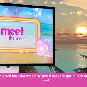 Puede incluir: Un monitor de computadora que muestra un gráfico digital con un fondo de playa tropical, un marco rectangular amarillo y naranja, dos corazones rosas brillantes y el texto "meet the men" en letras rosas, sobre una escena de océano al atardecer.