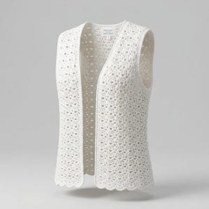 Könnte beinhalten: Eine weiße, offene Häkelweste mit einem wellenförmigen Saum. Die ärmellose Weste hat ein zartes Lochmuster. Das Etikett lautet "HAND CRAFTED COTTON". Die Weste ist aus einem weichen, atmungsaktiven Material gefertigt.