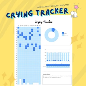 Pode incluir: Um modelo imprimível de "Crying Tracker" com fundo amarelo. O modelo inclui uma grade para rastreamento, um gráfico de pizza e um gráfico de barras. O texto "Crying Tracker" é exibido em uma fonte manuscrita. O modelo também inclui o texto "Text to Yourself".