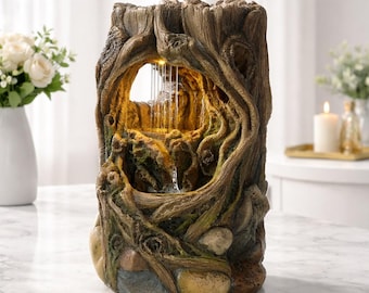 Handmade Stump Water Fountain with LED Light, Desk Decor for Relaxation, Meditation