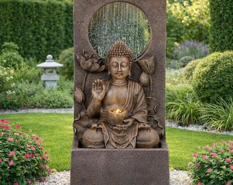Buddha Waterfall Fountain, Gold Resin Zen Garden Decor, Relaxing Asian Style Water Feature