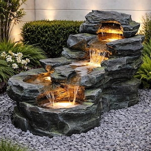 5-Tier Rock Waterfall Fountain with LED Lights, Outdoor Garden Water Feature
