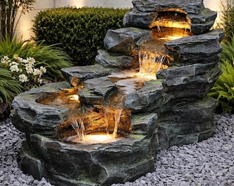 5-Tier Rock Waterfall Fountain with LED Lights, Outdoor Garden Water Feature