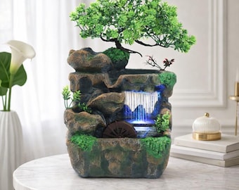 Indoor Desktop Waterfall Fountain, Color-Changing LED Lights, Resin Landscape Decor