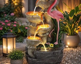 Flamingo Resin Fountain, 5-Tier Cascading Water Feature with LED Lights