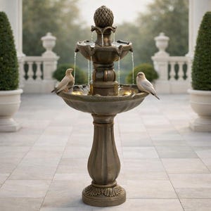 May include: A bronze-colored outdoor water fountain with a pineapple-shaped top and two tiers. Water streams from the top tier into the lower basin. Two white birds perch on the edge of the lower basin. The fountain is on a stone patio.
