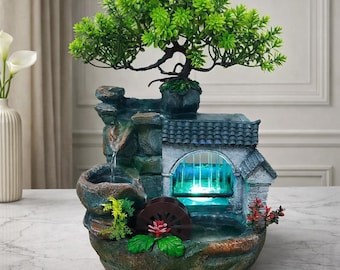 Resin Waterfall Fountain with LED Light, Tabletop Zen Water Feature, Calming Decor