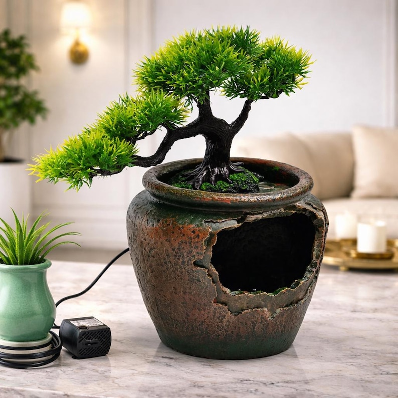 May include: A decorative bonsai tree in a weathered, brown ceramic pot with a large opening. The tree has vibrant green foliage and a dark, twisted trunk. A small green plant in a matching pot sits nearby.