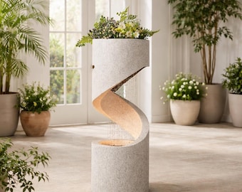 Tiered Outdoor Fountain, Faux Terrazzo Stone Planter, LED Garden Decor