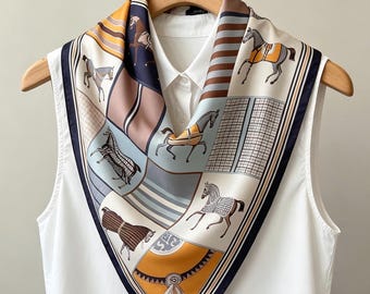 Bufanda de seda morera con estampado ecuestre vintage, bufanda cuadrada de lujo azul marino y naranja, pañuelo de seda elegante para mujer, regalo para ella.