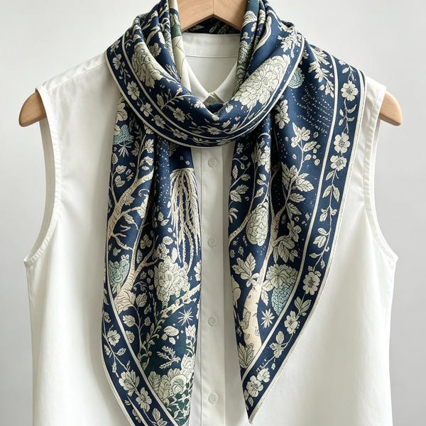 Vintage Tree of Life Mulberry Silk Scarf, Luxury Botanical Print Square Scarf for Women, Elegant Neck Hair Scarf Gift