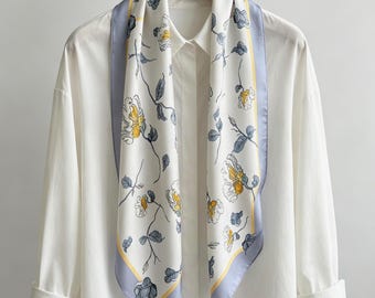 Pañuelo de seda de morera 100% con estampado floral vintage, pañuelo para mujer, regalo artesanal, pañuelo multifuncional para la cabeza y accesorio para el bolso.