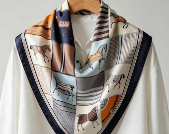 Vintage Reiterpferd Print 100% Maulbeerseide Schal, Luxus Navy Orange quadratischer Schal, Elegantes Seidenhalstuch für Frauen, Geschenk für Sie