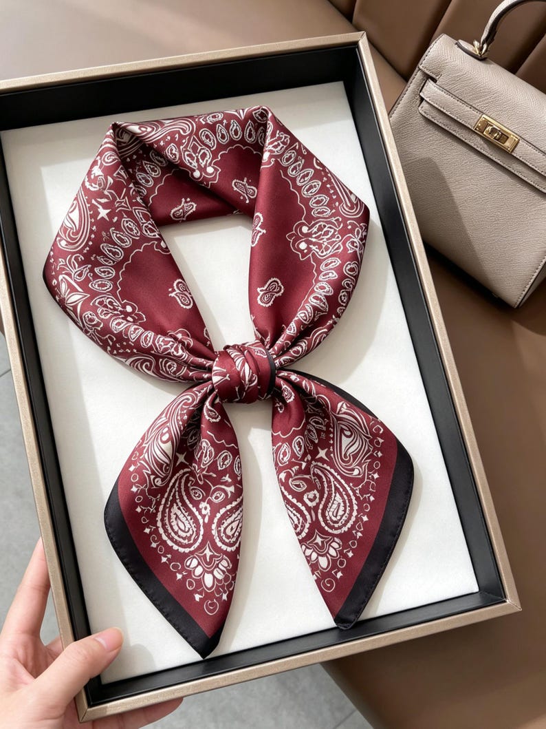 May include: A square scarf in a deep burgundy red color featuring a white paisley pattern. The scarf is tied in a knot at the center, displaying symmetrical folded ends with a solid black border along the edges of the fabric design.