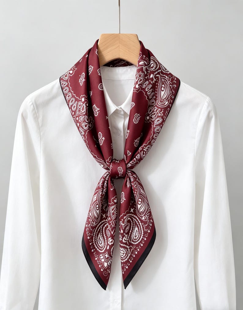 May include: A square scarf featuring a deep burgundy background with a white paisley and floral pattern. The scarf is tied in a knot at the center and is draped over a crisp white collared button-down shirt hanging on a wooden hanger.