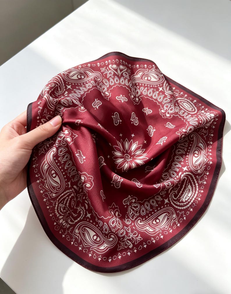 May include: A square scarf in a deep burgundy red color featuring a white printed paisley pattern with intricate swirling motifs and a central floral design. The fabric has a smooth, satin-like finish with a dark border along the edges.
