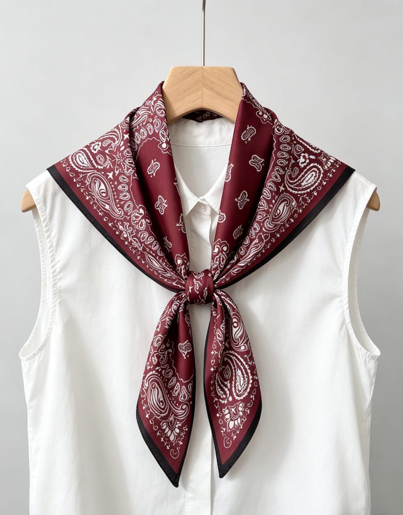 May include: A square scarf featuring a deep burgundy background with a white paisley pattern and a thin black border. The scarf is tied in a knot at the center and draped over a white sleeveless collared shirt hanging on a wooden hanger.